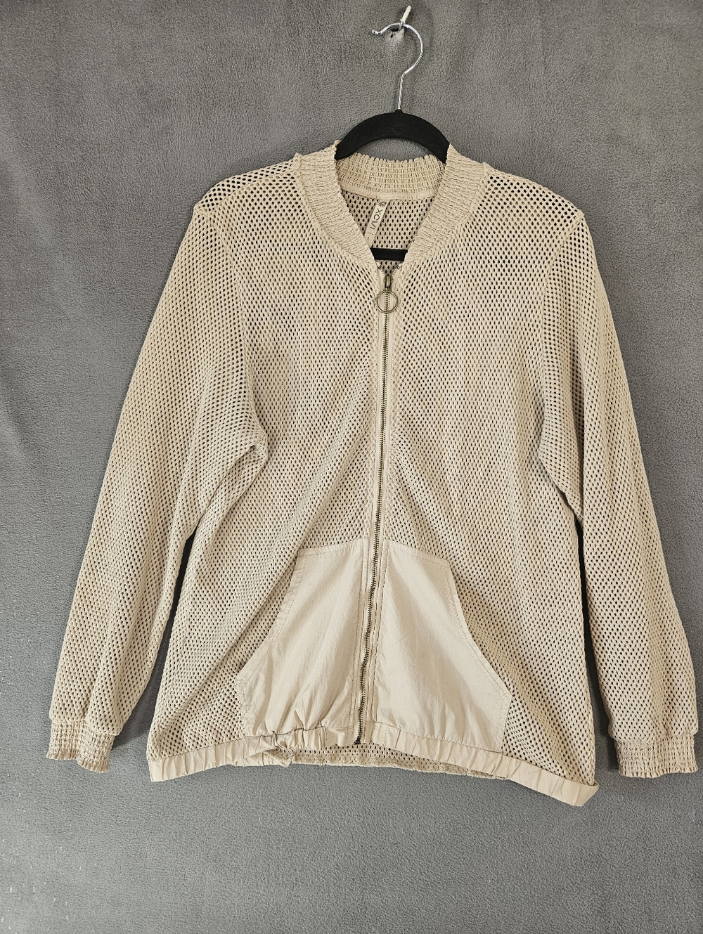XCVI Womens Large Mesh Bomber Jacket Beige Full Zip Boho Pockets